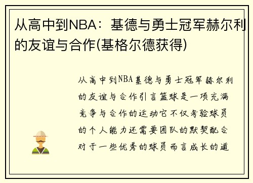 从高中到NBA：基德与勇士冠军赫尔利的友谊与合作(基格尔德获得)